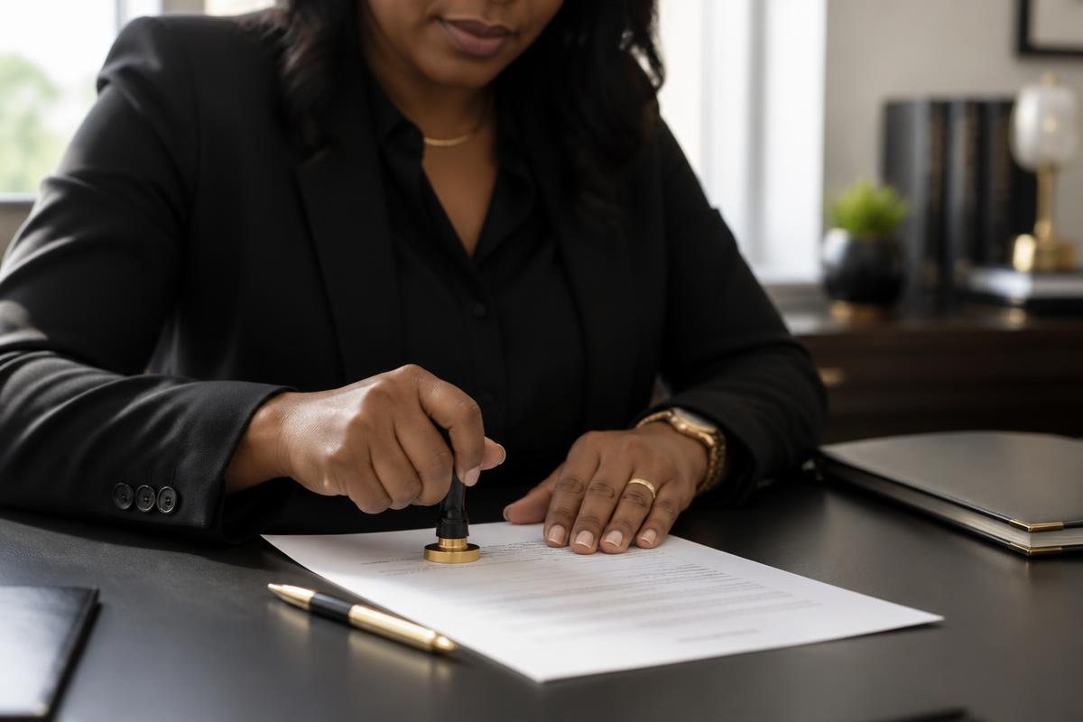 Notary applying a seal to a legal document