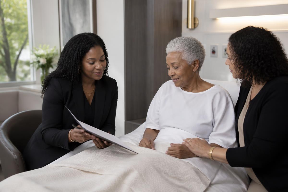 Notary assisting a patient and family member in a care facility