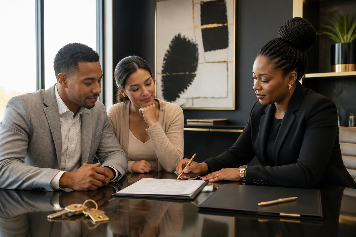 Couple reviewing loan documents with a signing agent